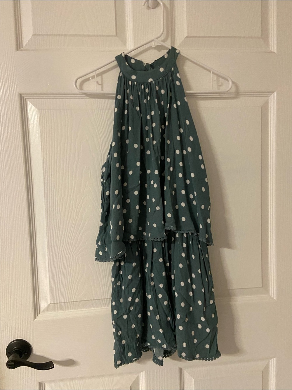 T42a- VICI Sage Green Polka Dot POMPOM Trim Edge Halter Smocked Romper